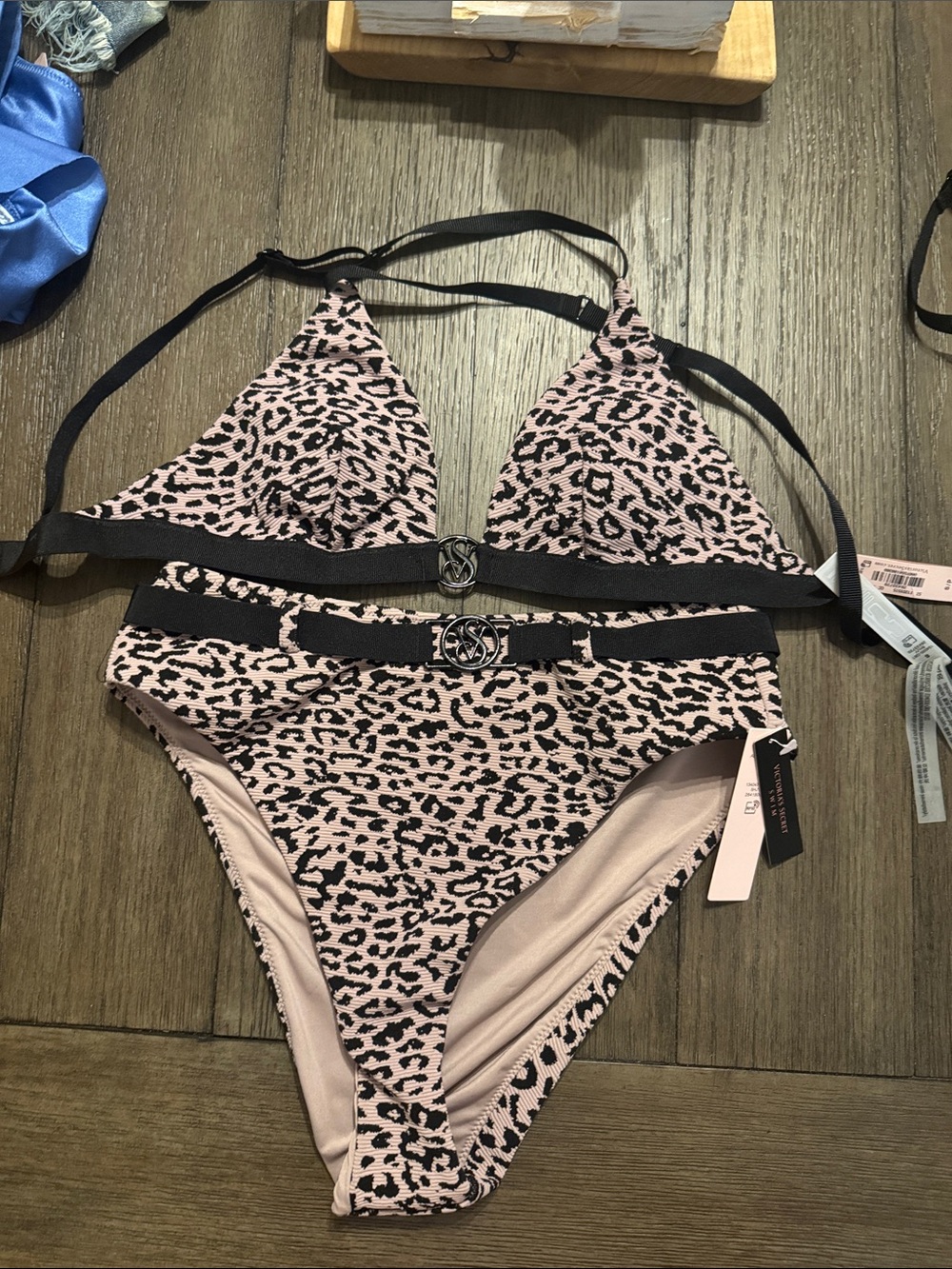 Victoria's Secret Pink Leopard Print Bikini Set with Black Trim